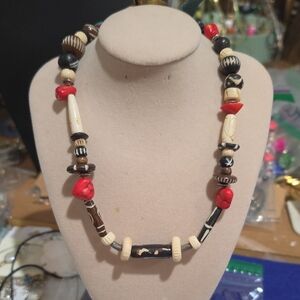 Artisan Beaded Necklace -Bone Hirn, Magnalite And Coral Beads